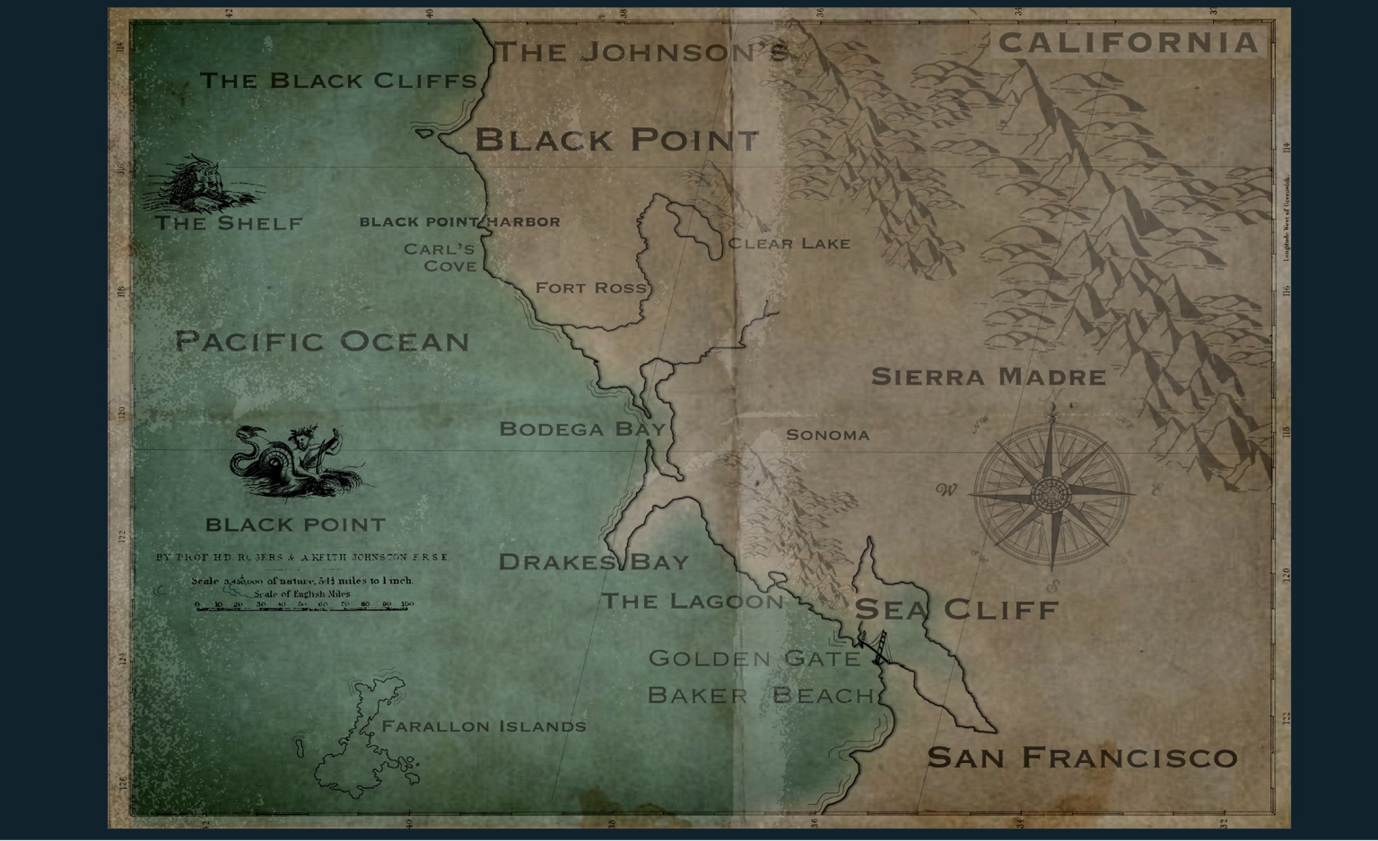 Illustrated Black Point story map showing the California coastline and Pacific Ocean